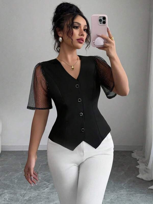 Lunelith SHEIN Lunessa Camisa de mujer casual de encaje de viscosa con abertura frontal y mangas 3/4, cintura ajustada, de uso versátil para el día a día, para primavera/verano