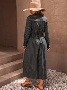 EURMUSE Vestido camisero maxi con detalles de botones y cinturón de cordón, con apariencia de lino y estilo casual desenfadado - Negro - Ver 2