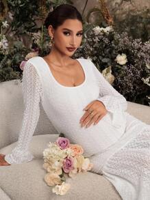 MaterniChic Maternity White Dress Autumn And Winter Pregnant Women's Square Neck Flare Sleeve Fishtail Hem Lace Fitted Elegant Dress - Apricot - View 6