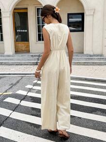 Serisse 女式纯色V领前扣休闲无袖连体裤 - 杏色 - 查看 2