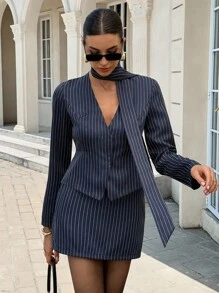 Siren Gaze New Autumn Exquisite Commuter Three-Piece Suit For Women, Navy Blue Stripes Old Money Style Commuter Wear, Office Siren Style, Exquisite And Elegant Suit (With Matching Silk Scarf) Blazer Skirt Set Winter Casual Spring - Blue - View 4