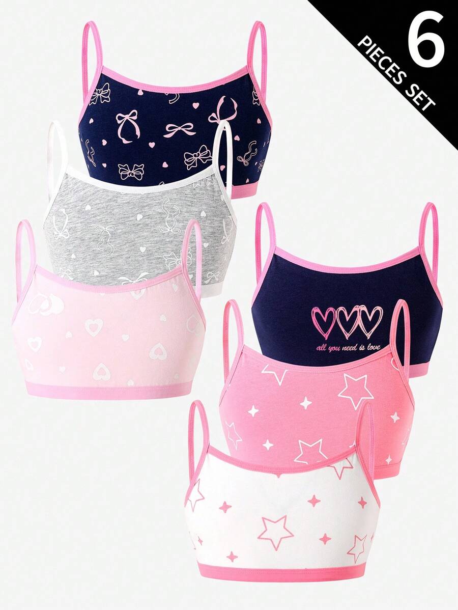 6 件套青少年女孩豹纹、心形、蝴蝶结、星星棉质吊带背心上衣女童背心多件装返校时尚 - 彩色 - 查看 1