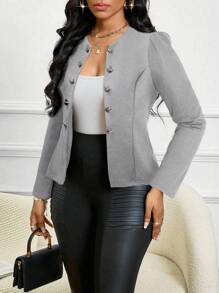 SHEIN Lady 2025 New Four Season/ Church Attire/ Suede Solid Color Button Detail Open Front Jacket In Fall/Winter - Light Grey - View 6