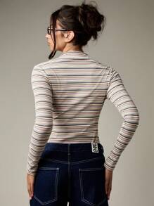 MISSGUIDED Body de punto acanalado a rayas con cuello, abotonado al frente, de manga larga y ajuste ceñido, para usar como capa básica en otoño e invierno, apto para uso profesional, casual y de oficina - Multicolor - Ver 2