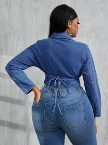 Slaydiva Tops de Denim Plus Size para Mulheres, Jaqueta Elástica Apertada e Sexy, Casaco Azul para Festa de Halloween, Fantasias de Halloween de Outono para Mulheres, Top Azul de Manga Longa - Lavagem escura - Visão 2