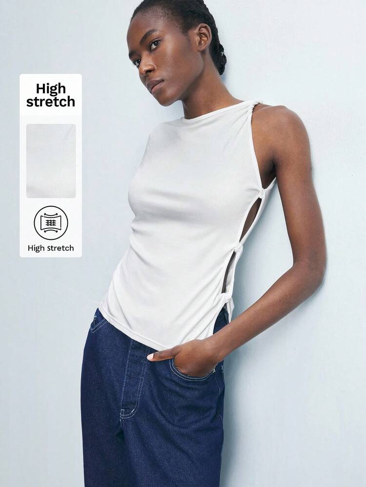 SHEIN Maija Weißes geripptes Top mit einem Ärmel, Cut Out- und Twist-Design, passform, minimalistisch, modisch, urbanem Chic-Stil, vielseitig für Urlaubsoutfits