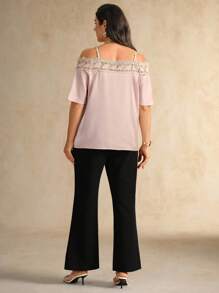 Flouryn Plus Size Elegant Blush Pink Summer Cold Shoulder Top,Lace Trim Patchwork Loose Fit Short Sleeve Tops For Women,Formal Tea Party Commuter - Pink - View 2