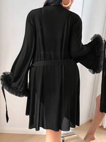 SHEIN 3pcs Set: Lace Patchwork Sexy Camisole Shorts + Floral Trim Loose Robe, Plus Size Lingerie Robe Set Long Sleeve Lingerie Set 2 Piece Lingerie Set