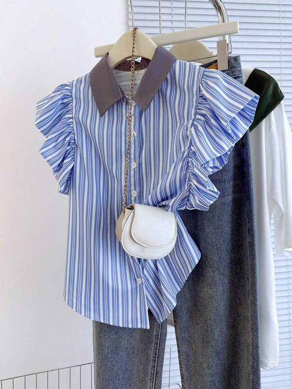 SHEIN PETITE CURVE Plus Size Women Striped Single-Breasted Ruffle Sleeve Casual Shirt