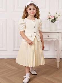 Young Girl Elegant Urban Pleated Short Sleeve Dress, Apricot Color - Apricot - View 10