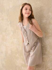Ontre 两件套少女条纹上衣和短裤套装 - 卡其色 - 查看 4