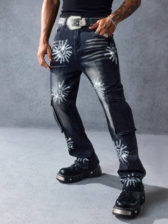 Street Life Jeans casual in denim con tasche cargo e grafica a lettere per uomo