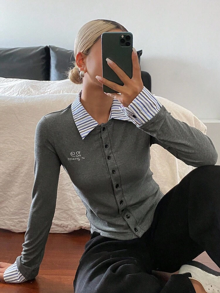 Women's Striped Patchwork Embroidered Slim Fit Long Sleeve Casual Cardigan T-Shirt, Autumn/Winter