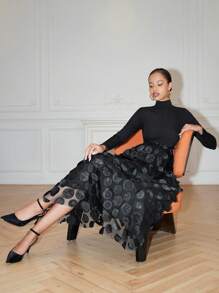 Rafferiza Women's Turtleneck Ribbed Splice Floral Mesh Elegant Long Sleeve Dress Maxi Women Outfit - Black - View 6