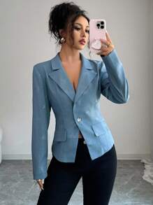 Elenzga 优雅浪漫剪裁蝴蝶结压花牛仔效果女式长袖夹克 - 藍色 - 查看 4