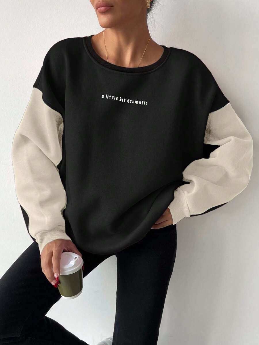 EURMUSE Cotton Pink Dark Grey Colorblock Oversize Fit Sweatshirt - Black - View 1