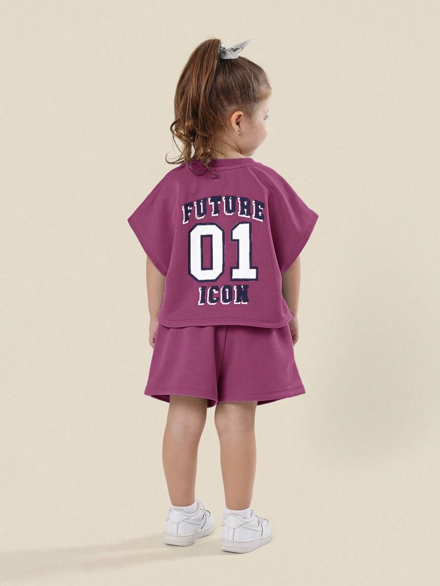 SUMWON Future Icon 女童运动休闲两件套宽松上衣抽绳短裤运动服套装夏季春季休闲周末装 - 紫色 - 查看 1