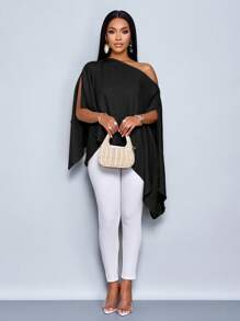 SOLERSUN 女士单肩披肩袖不对称下摆亚麻衬衫 - 黑色 - 查看 6