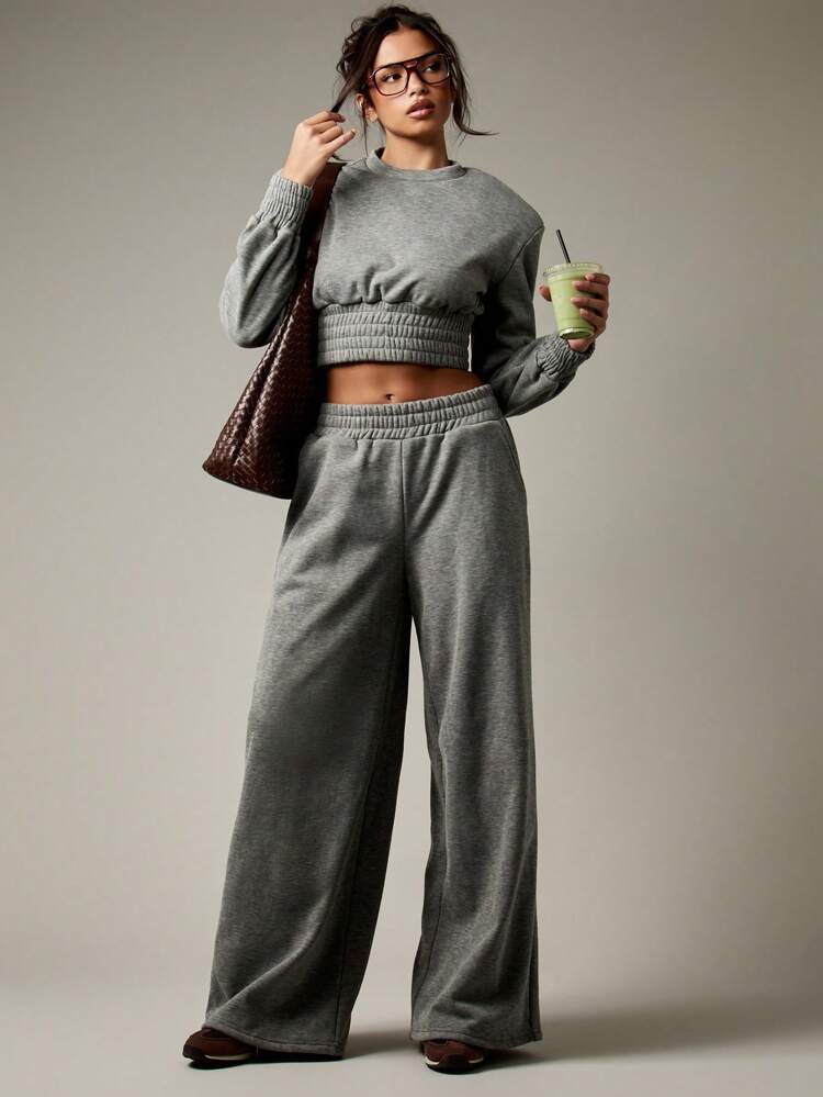MISSGUIDED Ribbed Waist Crop Top And Wide Leg Tracksuit Set Winter Fall Athleisure Loungewear With Long Sleeves High Rise Loose Fit