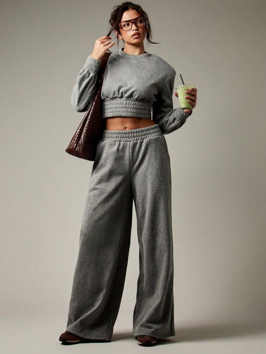 MISSGUIDED Ribbed Waist Crop Top And Wide Leg Tracksuit Set Winter Fall Athleisure Loungewear With Long Sleeves High Rise Loose Fit - Grey - View 1