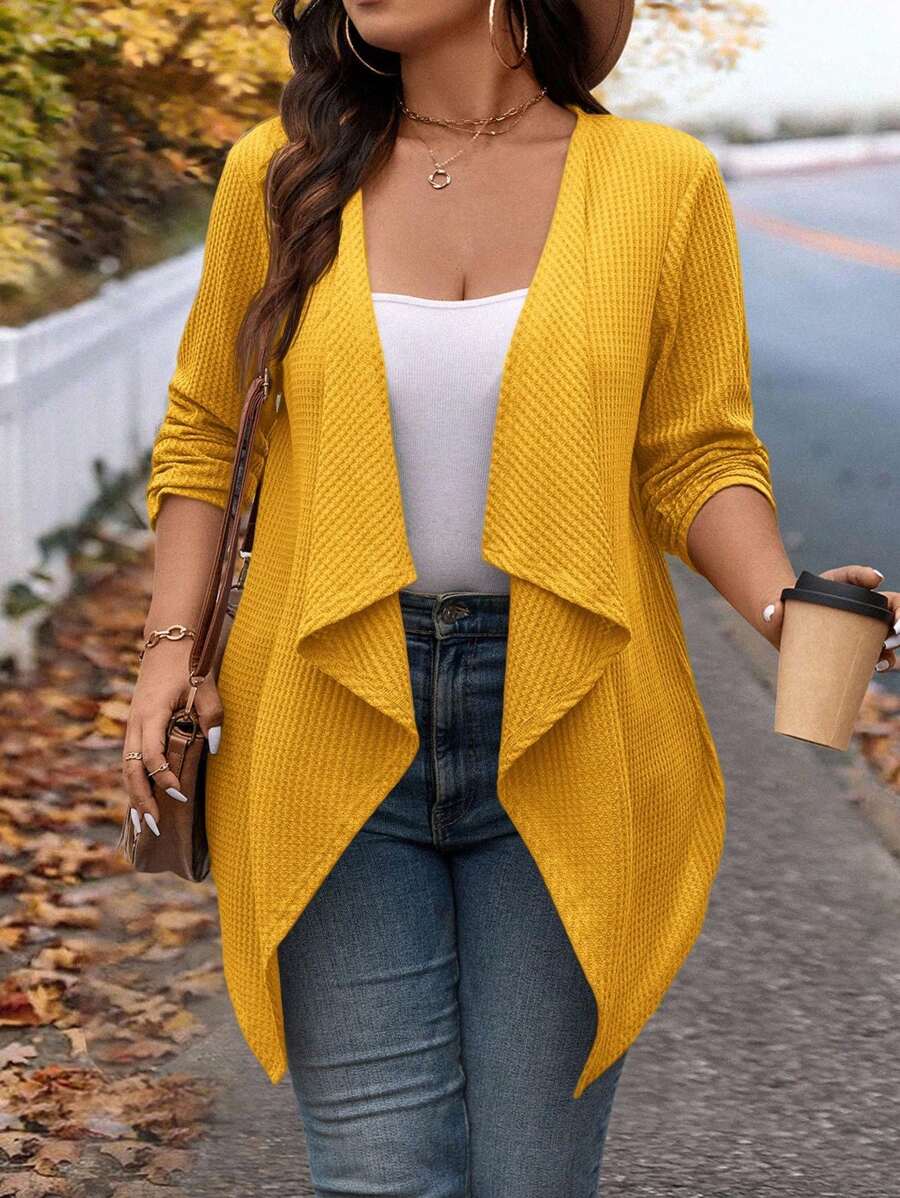 SHEIN LUNE Áo khoác len cardigan dài thiết kế cổ bất đối xứng thời trang mùa đông cỡ lớn cho đi chơi và đi làm, quần áo mùa thu cho phụ nữ mùa thu - Màu vàng - Xem 1
