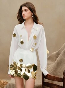 Anewsta Women Sequin Embellished A-Line Skirt, Versatile Spring Summer - White - View 5