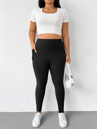 SHEIN Essnce Plus Size Women's Summer Capri Pants, 2 Pieces Of Leggings, Black Leggings With Pockets, Yoga Fitness Pants, Comfort Leggings,Fall Clothes For Women Fall Clothes Lounge Sets For Women Joggers