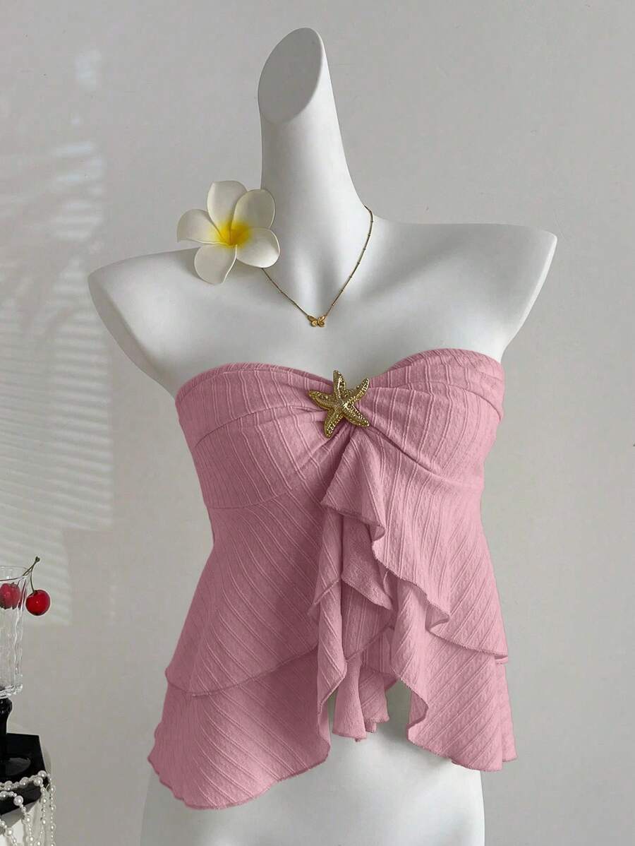 Sweetra Romantic Versatile Double Ruffle Hem Starfish Knot Decor Cropped Tube Top - Pink - View 1
