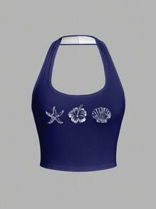 SHEIN EZwear 女士休闲海星、花朵和贝壳图案海军蓝紧身露背背心，适合夏季 - 彩色 - 查看 2