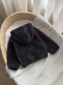 Baby Boy Zip Up Hooded Teddy Jacket,In Fall/Winter - Black - View 2