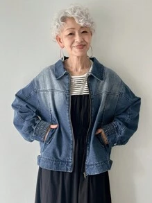 女式落肩长袖拉链前口袋宽松休闲牛仔夹克 - 藍色 - 查看 4