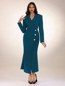 Modelyn Women's Solid Color Lapel NeckLong Sleeve Metallic Floral Fitted Elegant Dress - Navy Blue - View 3