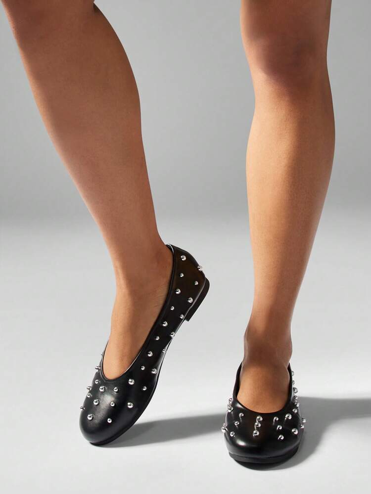 MISSGUIDED Ballet Flats Studded Women Ballerina Walking Slip On Dress Casual Memory Foam Comfort All Day Wear Everyday Fashion Shoes Fall Winter