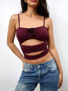 Maija Red Hollow Out Waist Fitted Women's Camisole With 3D Rose Flower Decor, Elegant Body-Flattering For Casual, Holiday, Party, Versatile, Spring/Summer