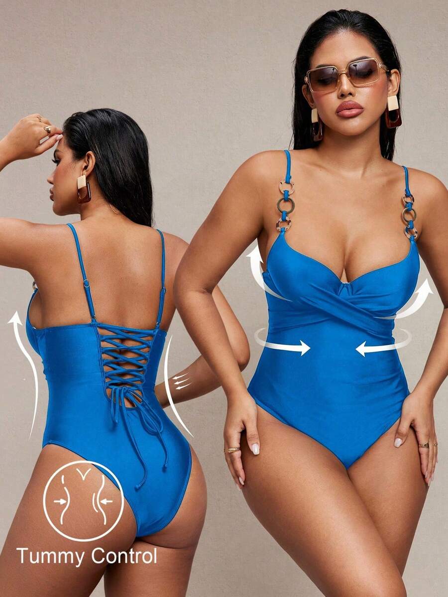 SHEIN Swim Women's Slimming Drawstring One Piece Swimsuit, Elegant Design - Blue - View 1