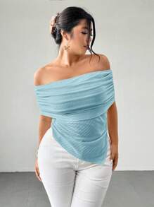 Firerie قميص كاجوال أنيق للنساء ذوات الأحجام الكبيرة، قطع الكتف، قماش مموج مرن، حواف غير متماثلة، مناسب للربيع والصيف