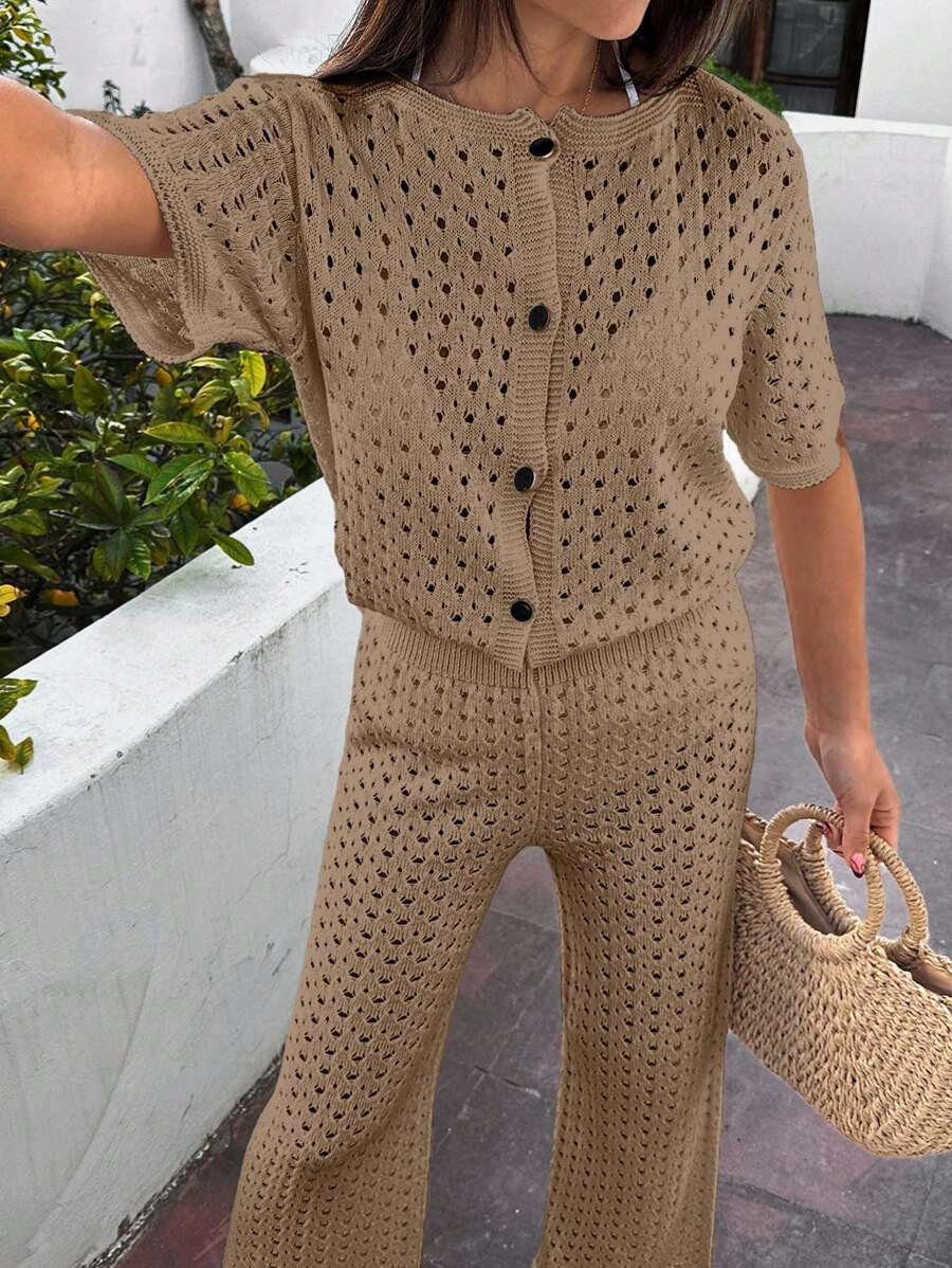 EURMUSE 2pcs/Set Summer Thin Knit Short Sleeve Top And Long Pants Coverup - Camel - View 1