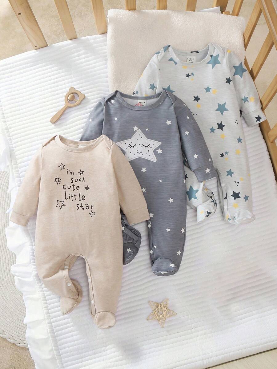 3件套新生儿可爱星星印花长袖连体睡衣,新生儿星星秋冬睡衣 - 彩色 - 查看 1