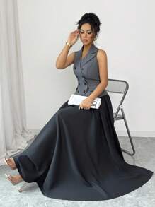 Elenzga 优雅通勤时尚优雅百搭无袖翻领做旧束腰双排扣不对称下摆长款A字裙女套装 - 灰色 - 查看 5