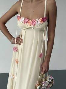 Aloruh 女士优雅 3D 花卉装饰吊带裙，夏季 - 杏色 - 查看 5