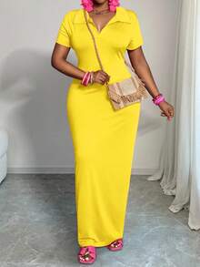 Slaydiva Vestido de manga corta con cuello polo, ajustado, elástico, minimalista, versátil y casual para uso diario en verano, talla grande para mujer