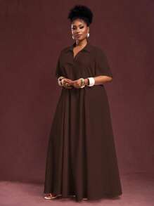 Slaydiva 2025 Frühling/Sommer Neuankömmling Urlaub & Pendeln & Lässig Weiß Locker Kurzarm V-Ausschnitt Plissee A-Linie Maxi Hemdkleid für Damen, Große Größen