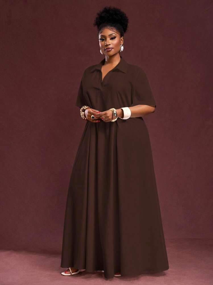 Slaydiva 2025 春夏新品度假通勤休闲白色宽松短袖 V 领褶皱 A 字长款衬衫裙大码女装 - 棕色 - 查看 9