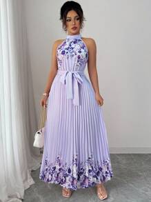 Elenzga 女式夏季优雅花卉宽松露背连衣裙 - 紫色 - 查看 7