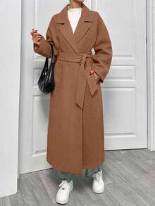 EURMUSE Lapel Neck Double Breasted Slant Pocket Waist Belt Tie-Up Woolen Overcoat - Mocha Brown - View 3