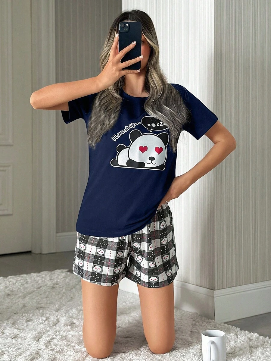 EURMUSE Bộ đồ ngủ mặc nhà tay ngắn họa tiết gấu trúc và khẩu hiệu bằng cotton - Màu xanh hải quân - Xem 1