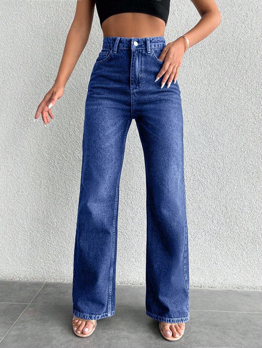 EURMUSE 99%Cotton Zipper Fly Straight Leg Jeans - Teal Blue - View 1