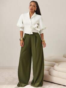 Vixey Fashionable Commuter Minimalist Solid Color Wide Leg Pants, Business Casual Woman, Office - Army Green - View 4