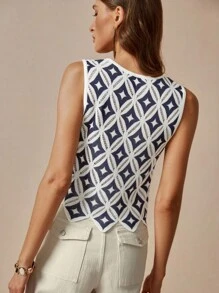 Florisole 夏季波西米亚风无袖菱形网眼针织上衣针织套头衫秋冬 - 藏蓝色 - 查看 5