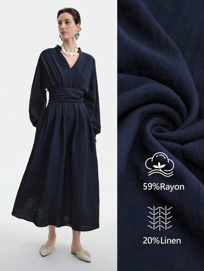 Lyxana 女士优雅复古褶皱连衣裙，简约办公室/休闲/派对装，亚麻面料，长袖，A 字廓形，秋冬